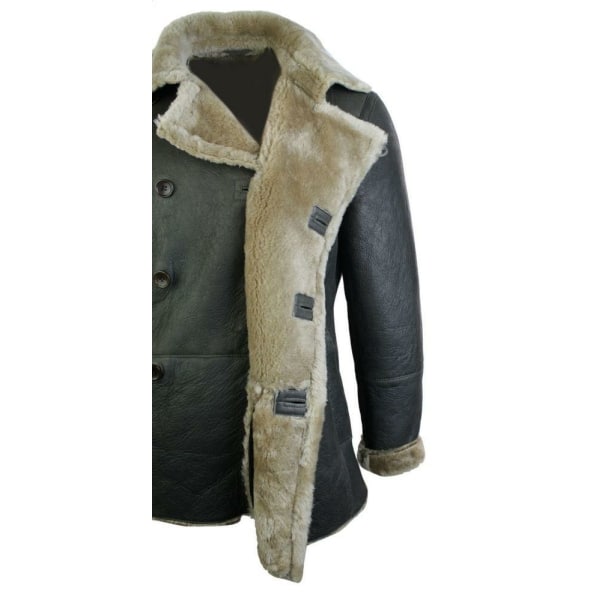 Mens Real Shearling German Navy Sheepskin Double Breasted Jacket Vintage Brown