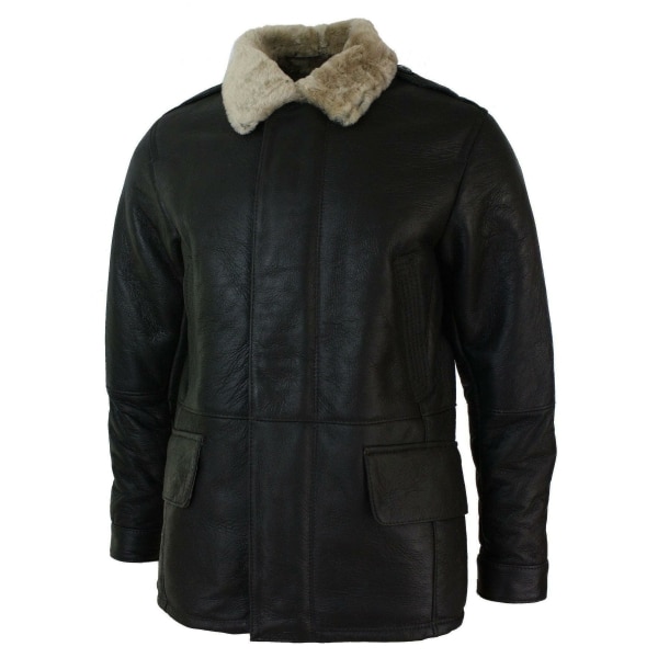 Mens Real Shearling Sheepskin 3/4 Overcoat Brown Beige Fur Warm Winter