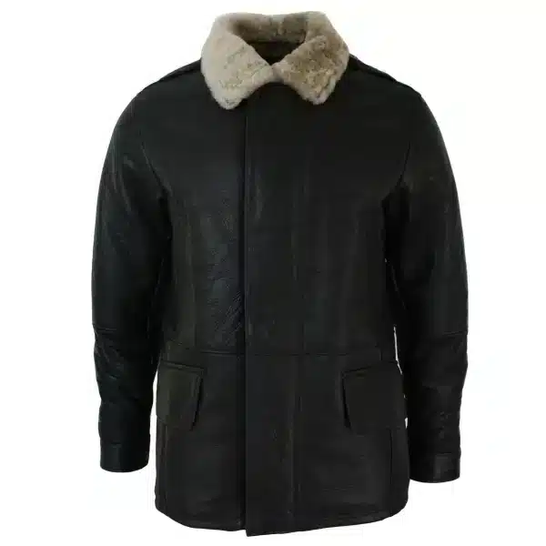 Mens Real Shearling Sheepskin 3/4 Overcoat Brown Beige Fur Warm Winter