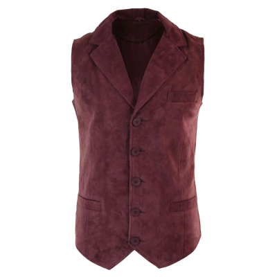 Mens Real Suede Leather Burgundy Smart Casual Gilet Waistcoat Vintage Retro