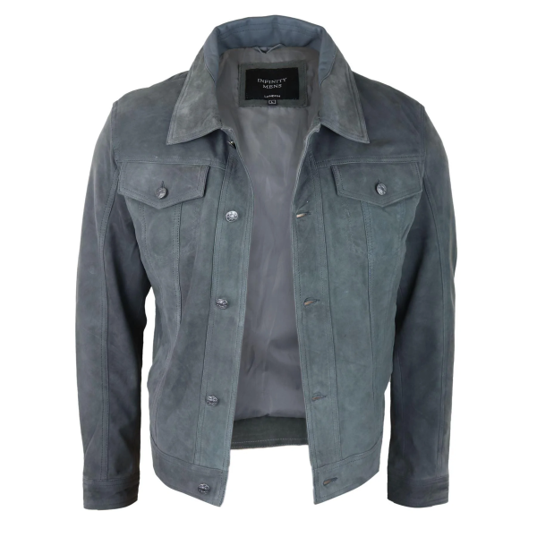 Mens Genuine Suede Jacket Leather Jeans Denim Short Mens Biker Classic Vintage Grey