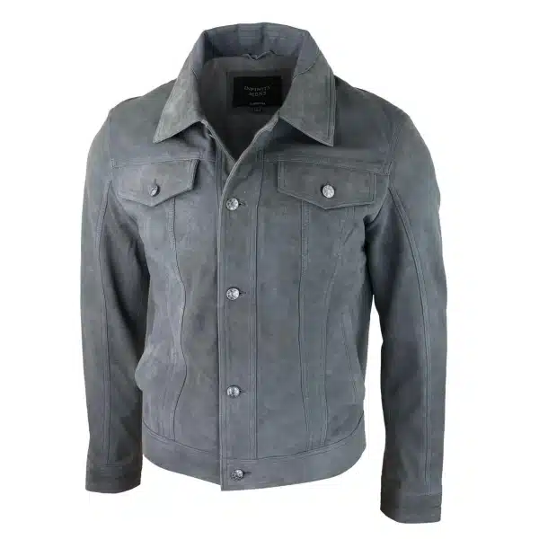 Mens Genuine Suede Jacket Leather Jeans Denim Short Mens Biker Classic Vintage Grey