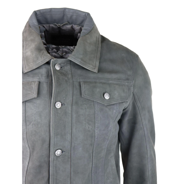 Mens Genuine Suede Jacket Leather Jeans Denim Short Mens Biker Classic Vintage Grey