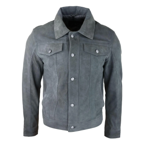 Mens Genuine Suede Jacket Leather Jeans Denim Short Mens Biker Classic Vintage Grey