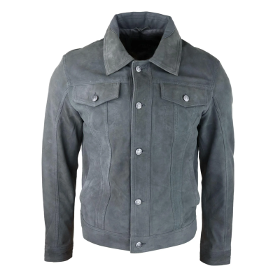 Mens Genuine Suede Jacket Leather Jeans Denim Short Mens Biker Classic Vintage Grey