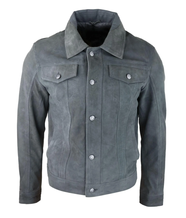 Mens Genuine Suede Jacket Leather Jeans Denim Short Mens Biker Classic Vintage Grey