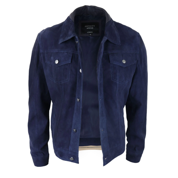 Mens Genuine Suede Jacket Leather Jeans Denim Short Mens Biker Classic Vintage Navy