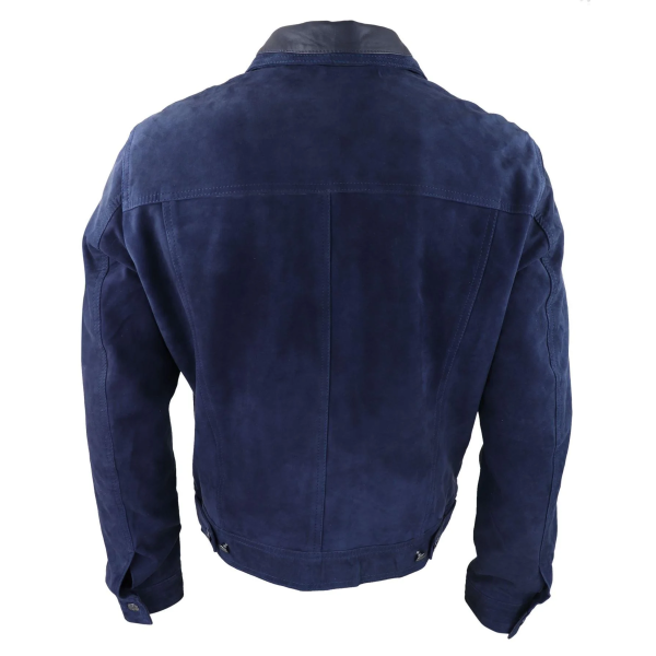 Mens Genuine Suede Jacket Leather Jeans Denim Short Mens Biker Classic Vintage Navy