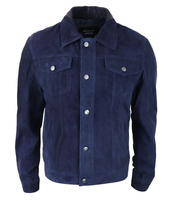 Mens Genuine Suede Jacket Leather Jeans Denim Short Mens Biker Classic Vintage Navy