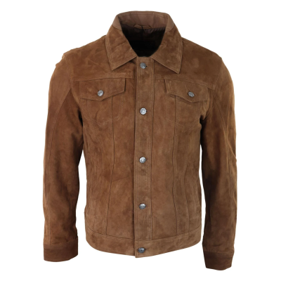 Mens Genuine Suede Jacket Leather Jeans Denim Short Mens Biker Classic Vintage Tan