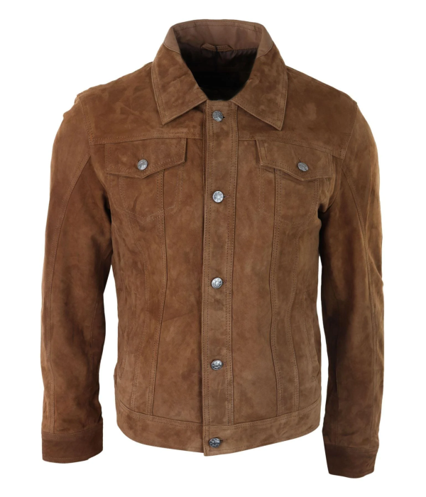 Mens Genuine Suede Jacket Leather Jeans Denim Short Mens Biker Classic Vintage Tan