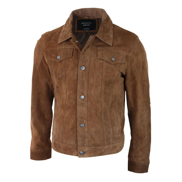 Mens Genuine Suede Jacket Leather Jeans Denim Short Mens Biker Classic Vintage Tan