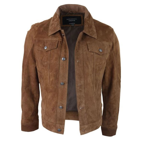 Mens Genuine Suede Jacket Leather Jeans Denim Short Mens Biker Classic Vintage Tan