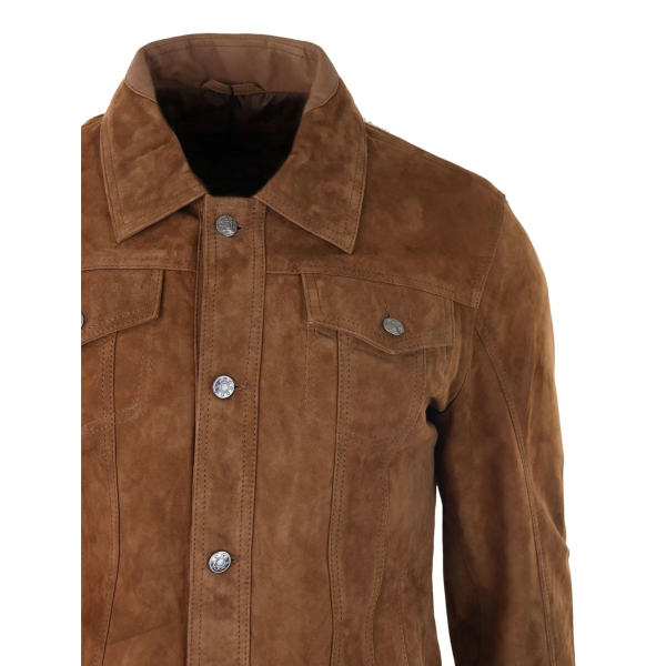 Mens Genuine Suede Jacket Leather Jeans Denim Short Mens Biker Classic Vintage Tan