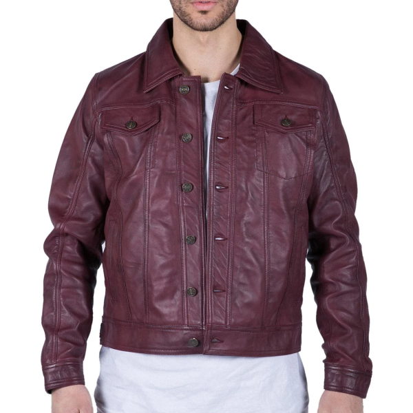 Mens Real Leather Shirt Jacket Burgundy Wine Retro Jeans Style Brando Classic