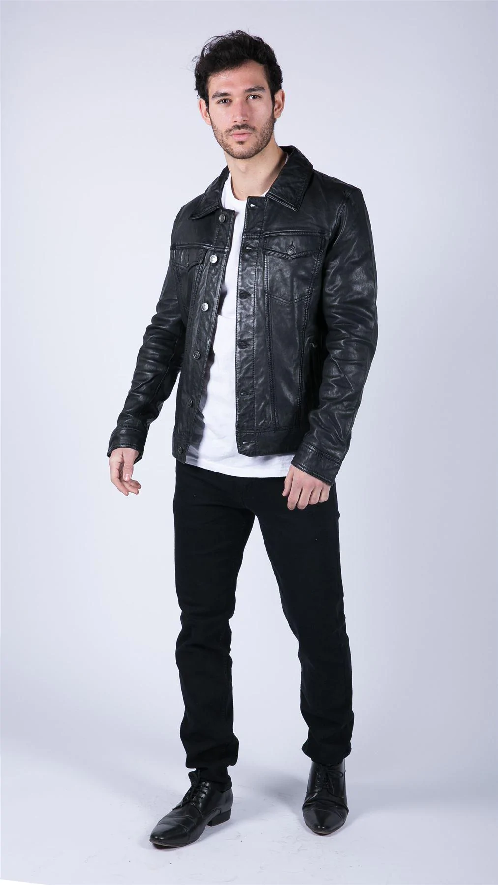 Men's Retro Denim Style Slim Fit Casual Tan Leather Shirt Jeans Jacket