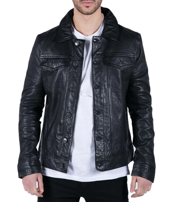 Mens Black real Leather Vintage Soft Jacket Short Jeans Style Classic Stud