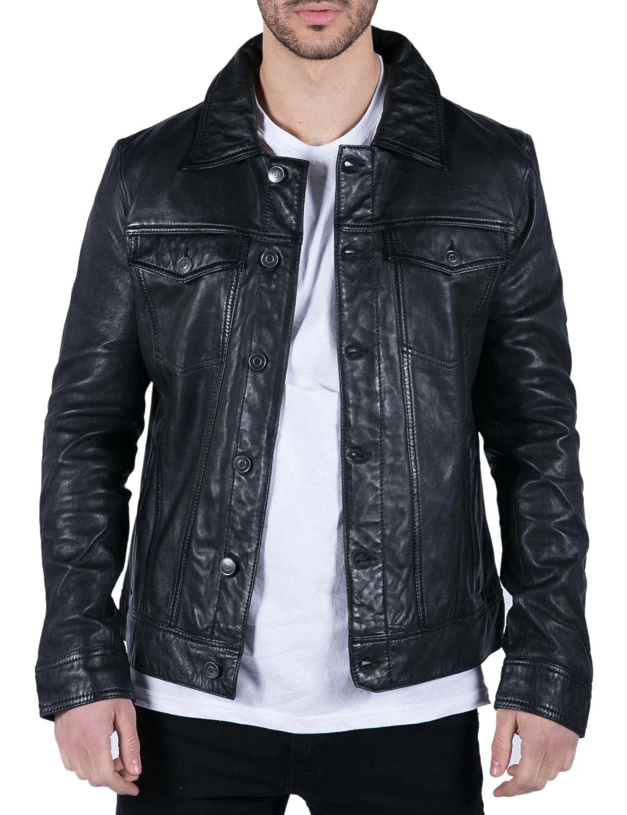 Mens Black Soft Real Leather Vintage Collar Bomber Style Biker Jacket All  Sizes