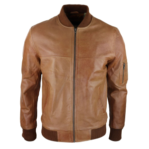Mens Genuine Leather Bomber Jacket Leather Casual Varsity VIntage Smart Casual Tan