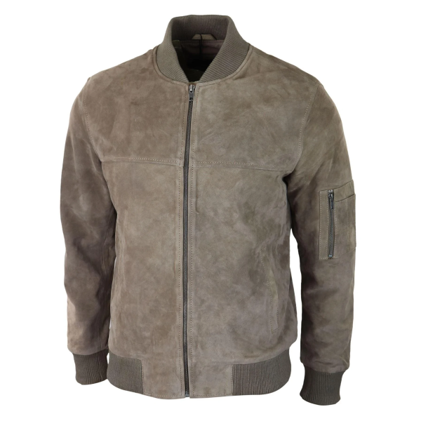 Mens Genuine Suede Bomber Jacket Leather Casual Varsity VIntage Smart Casual Beige