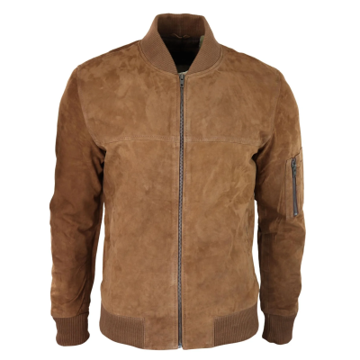 Mens Genuine Suede Bomber Jacket Leather Casual Varsity VIntage Smart Casual Brown