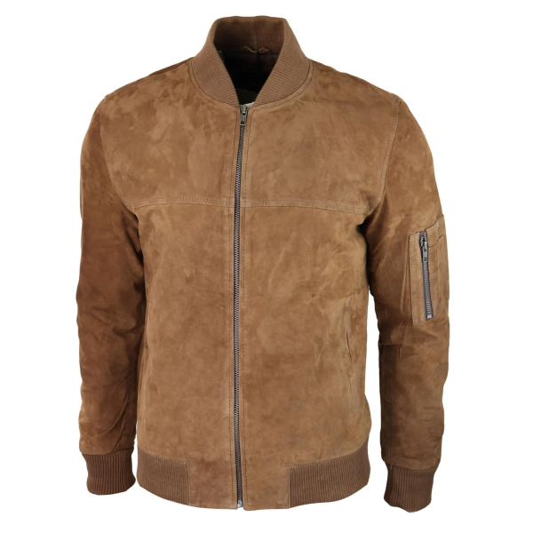 Mens Genuine Suede Bomber Jacket Leather Casual Varsity VIntage Smart Casual Brown