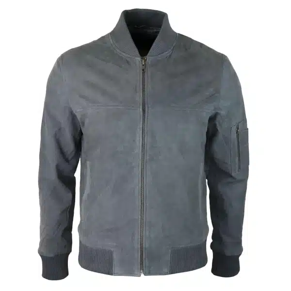 Mens Genuine Suede Bomber Jacket Leather Casual Varsity VIntage Smart Casual Grey