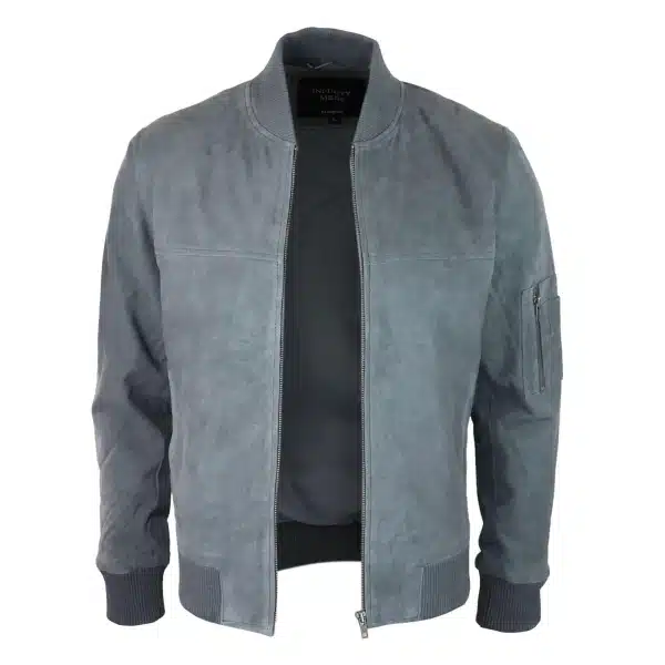 Mens Genuine Suede Bomber Jacket Leather Casual Varsity VIntage Smart Casual Grey