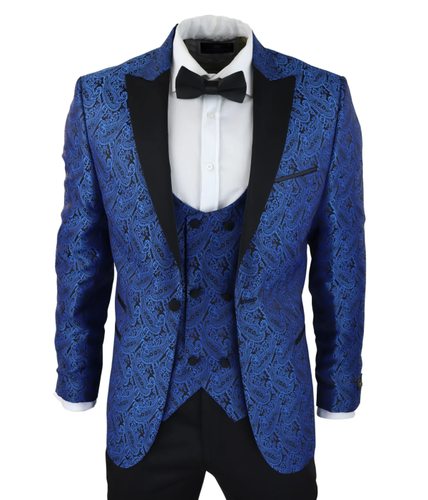 Mens Paisley Tuxedo Blazer And Waistcoat Brocade Dinner Jacket Satin Black Blue - No Trousers