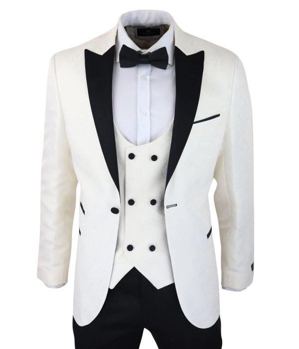 Mens Paisley Tuxedo Blazer And Waistcoat Brocade Dinner Jacket Satin Ivory Black