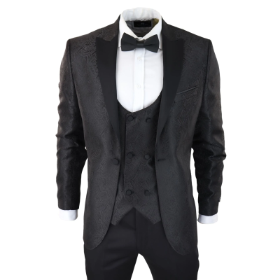 Mens Paisley Tuxedo Blazer And Waistcoat Brocade Dinner Jacket Satin Black Fit - No Trousers