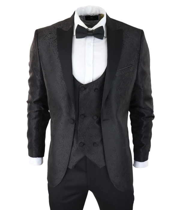 Mens Paisley Tuxedo Blazer And Waistcoat Brocade Dinner Jacket Satin Black Fit - No Trousers