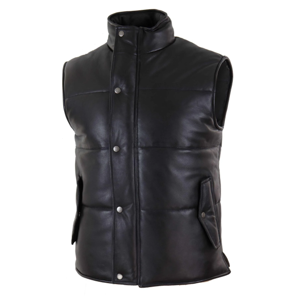 Mens Real Leather Waistcoat Gilet Quilted Puffer Design Warm Zip Casual Black