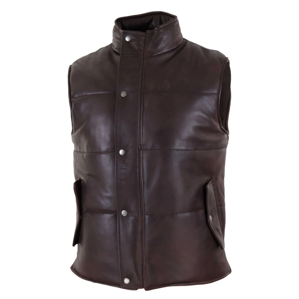 Mens Real Leather Waistcoat Gilet Quilted Puffer Design Warm Zip Casual Brown