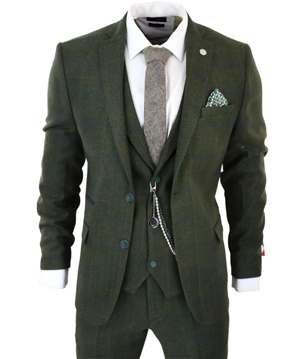 Men's 3 Piece Suit Wool Tweed Green Blue Brown Check 1920s Gatsby