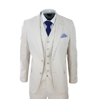 Mens 3 Piece Linen Suit Summer Breathable Wedding Cotton Cream Beige