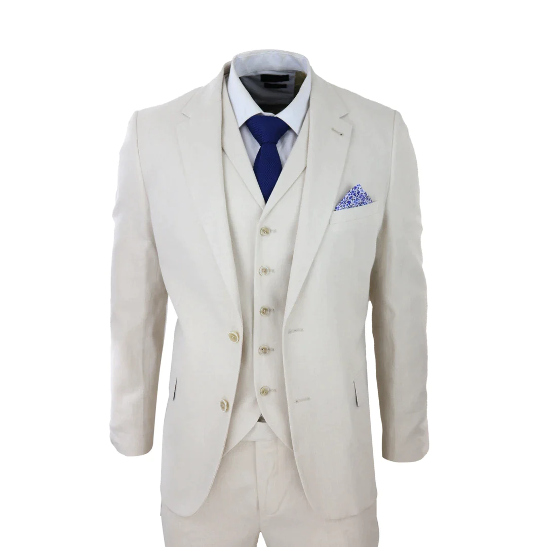 Mens 3 Piece Linen Suit Summer Breathable Wedding Cotton Cream Beige ...
