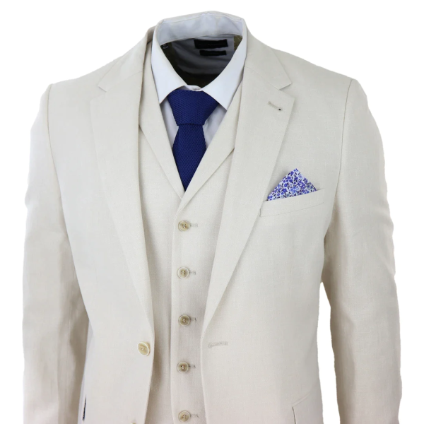 Mens 3 Piece Linen Suit Summer Breathable Wedding Cotton Cream Beige