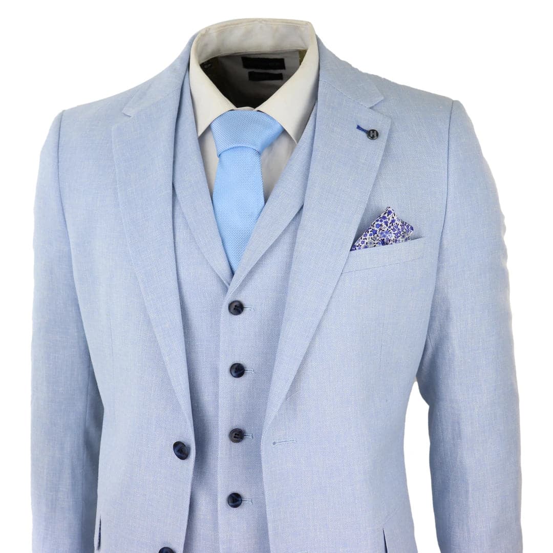 Mens 3 Piece Linen Suit Summer Breathable Wedding Cotton Baby Blue Light:  Buy Online - Happy Gentleman United States