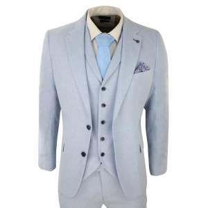 Mens 3 Piece Linen Suit Summer Breathable Wedding Cotton Baby Blue Light