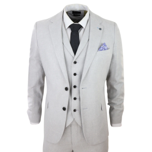 Mens 3 Piece Linen Suit Summer Breathable Wedding Cotton Light Grey