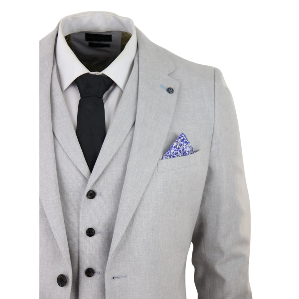Mens 3 Piece Linen Suit Summer Breathable Wedding Cotton Light Grey