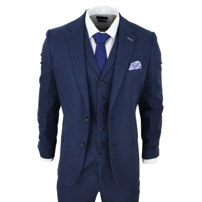 Mens 3 Piece Linen Suit Summer Breathable Wedding Cotton Navy Blue