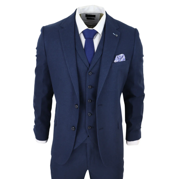 Mens 3 Piece Linen Suit Summer Breathable Wedding Cotton Navy Blue