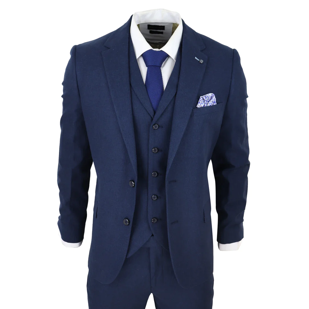 Mens 3 Piece Linen Suit Summer Breathable Wedding Cotton Navy Blue: Buy ...