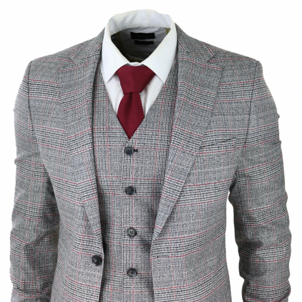 Mens 3 Piece Grey Suit Black Red Check Tailored Fit Wedding Prom Races