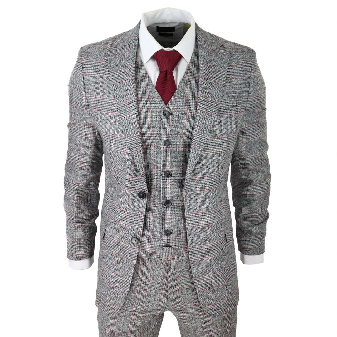 Mens 3 Piece Grey Suit Black Red Check Tailored Fit Wedding Prom Races: Buy  Online - Happy Gentleman United States