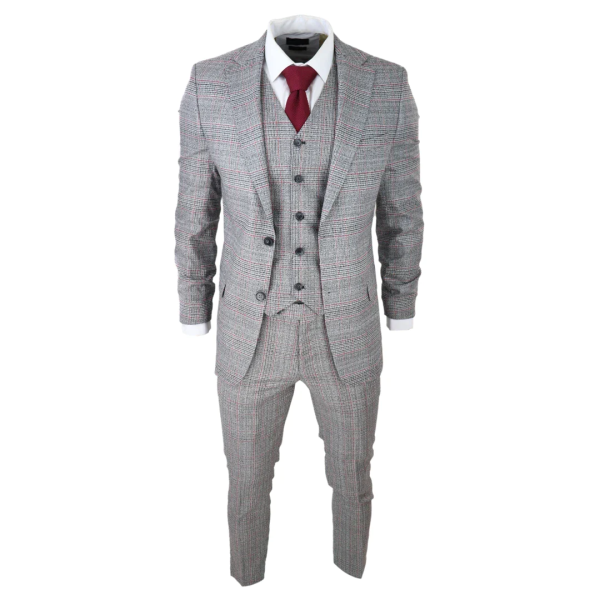 Mens 3 Piece Grey Suit Black Red Check Tailored Fit Wedding Prom Races