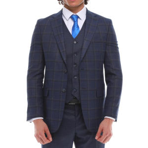 Mens 3 Piece Suit Navy Check Contrasting Waistcoat Trousers Tailored Fit Wedding