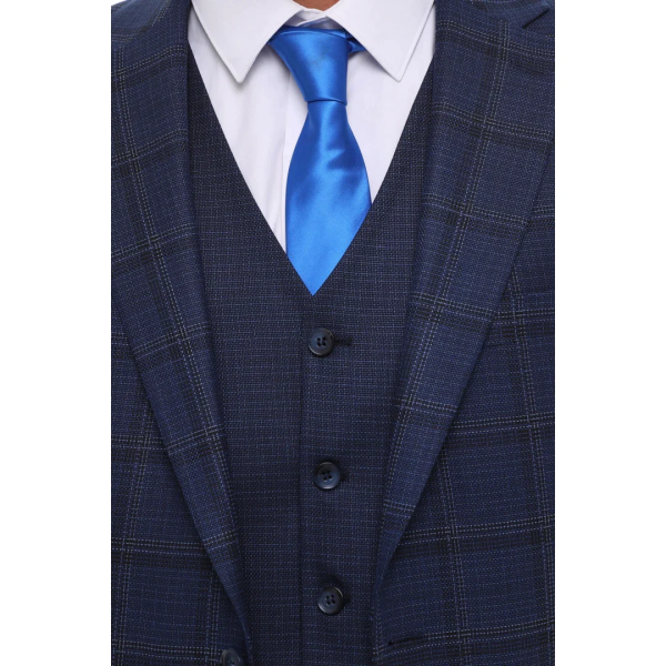 Mens 3 Piece Suit Navy Check Contrasting Waistcoat Trousers Tailored Fit Wedding